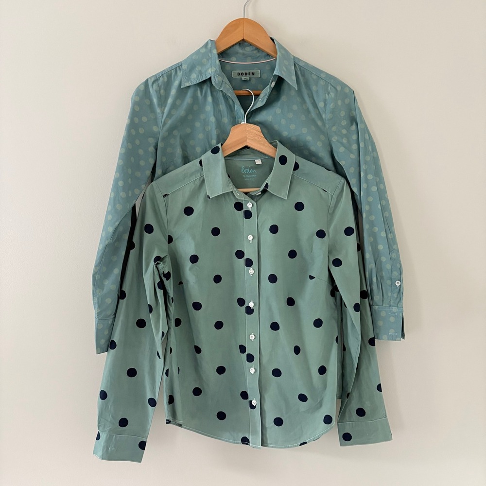 Boden Button Down The Classic Shirt 4P Green Blue Polka Dot Cotton Set of 2